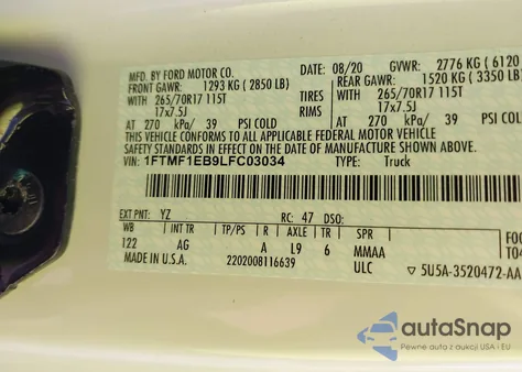 2020 Ford F-150 Xl from USA, damaged, VIN 1FTMF1EB9LFC03034